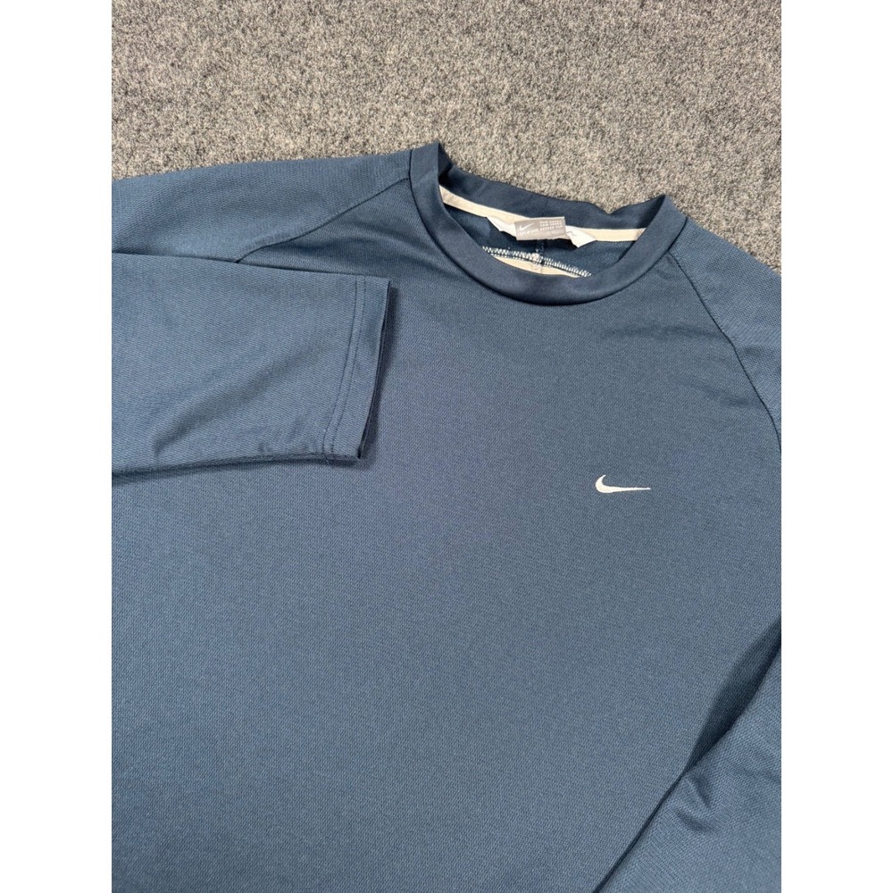 Y2K Nike Mens L Long Sleeve Athletic Shirt Blue White Swoosh Training